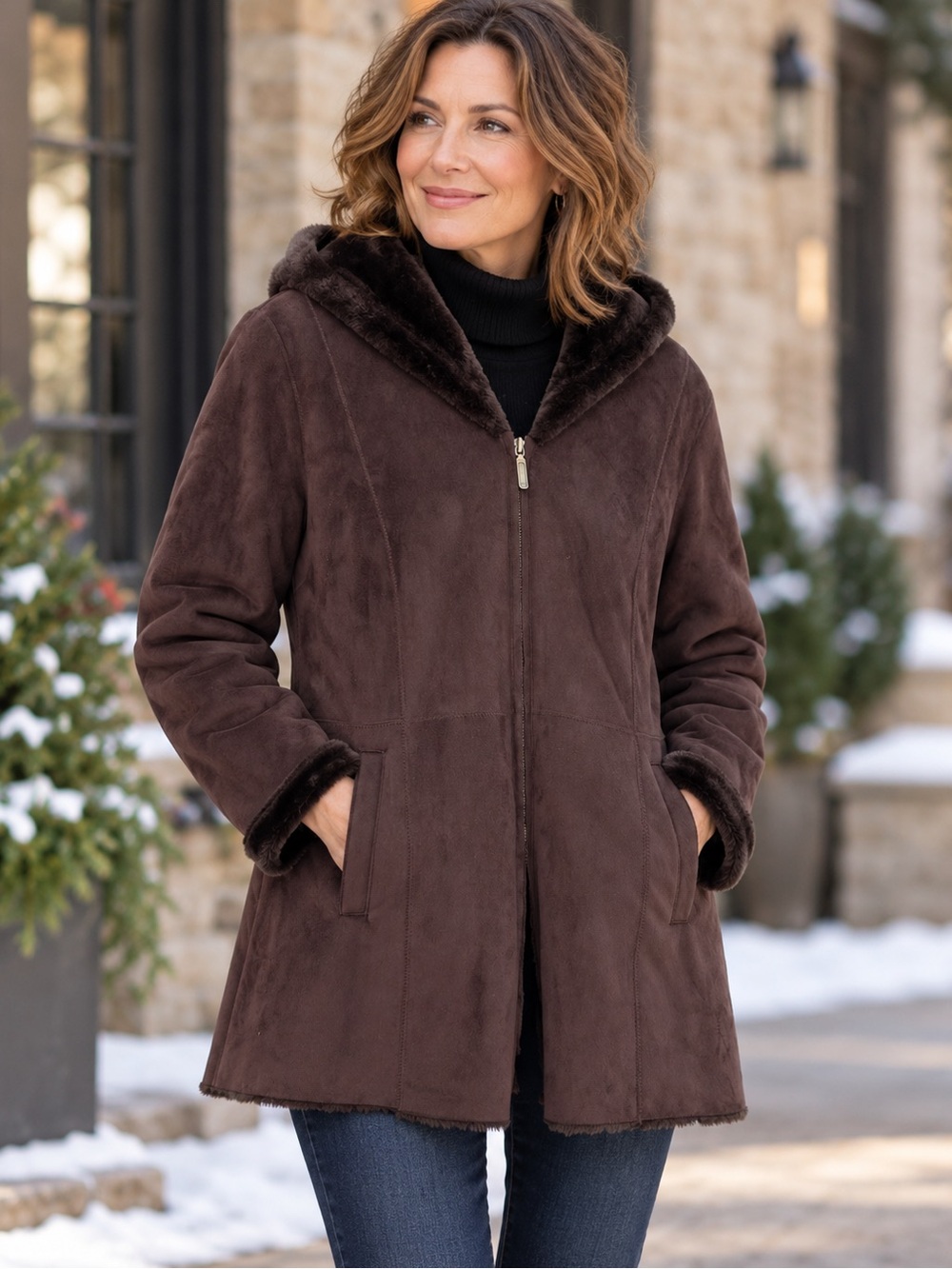 🤎MAKE OFFER🤎 Coldwater Creek Faux Suede Fur Line Short Coat Brown Jacket MED